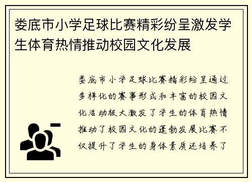 娄底市小学足球比赛精彩纷呈激发学生体育热情推动校园文化发展