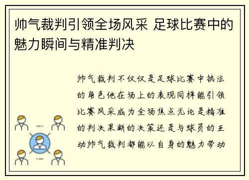帅气裁判引领全场风采 足球比赛中的魅力瞬间与精准判决