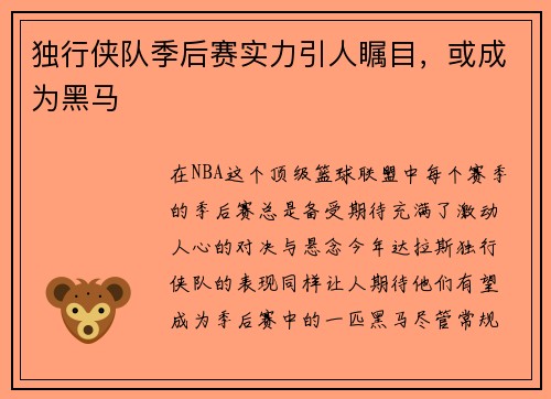 独行侠队季后赛实力引人瞩目，或成为黑马