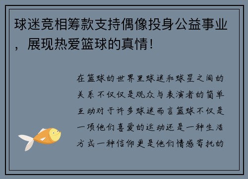 球迷竞相筹款支持偶像投身公益事业，展现热爱篮球的真情！