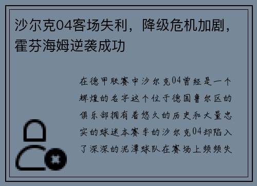 沙尔克04客场失利，降级危机加剧，霍芬海姆逆袭成功