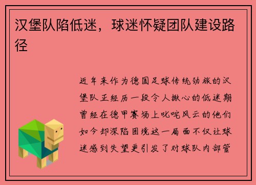 汉堡队陷低迷，球迷怀疑团队建设路径