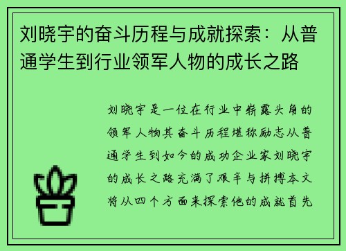 刘晓宇的奋斗历程与成就探索：从普通学生到行业领军人物的成长之路