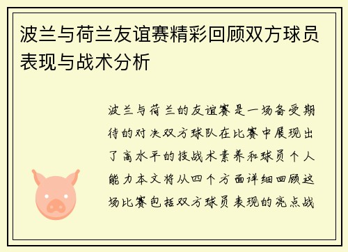 波兰与荷兰友谊赛精彩回顾双方球员表现与战术分析
