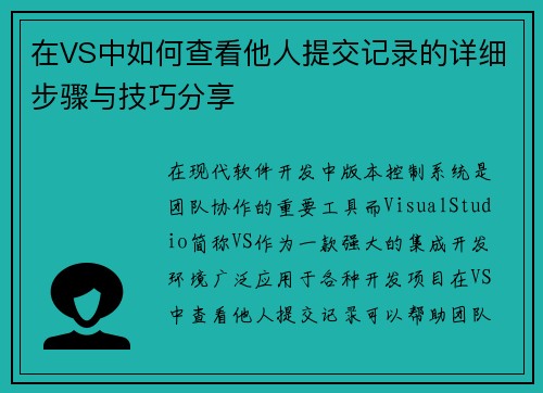 在VS中如何查看他人提交记录的详细步骤与技巧分享