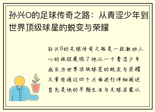 孙兴O的足球传奇之路：从青涩少年到世界顶级球星的蜕变与荣耀