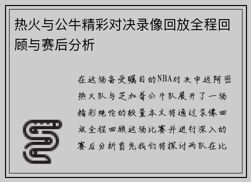 热火与公牛精彩对决录像回放全程回顾与赛后分析