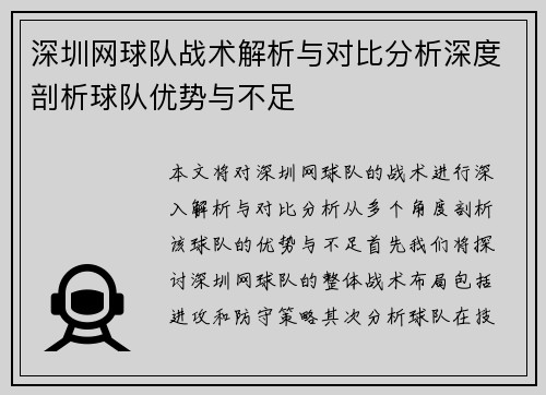 深圳网球队战术解析与对比分析深度剖析球队优势与不足