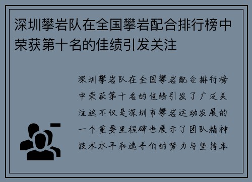 深圳攀岩队在全国攀岩配合排行榜中荣获第十名的佳绩引发关注