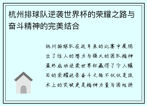杭州排球队逆袭世界杯的荣耀之路与奋斗精神的完美结合